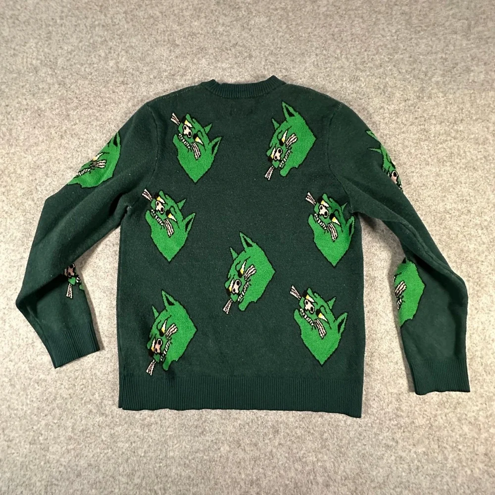 Volcom Knit Sweater XS Green Mens Graphic Wolf Print Christmas Winter Festive